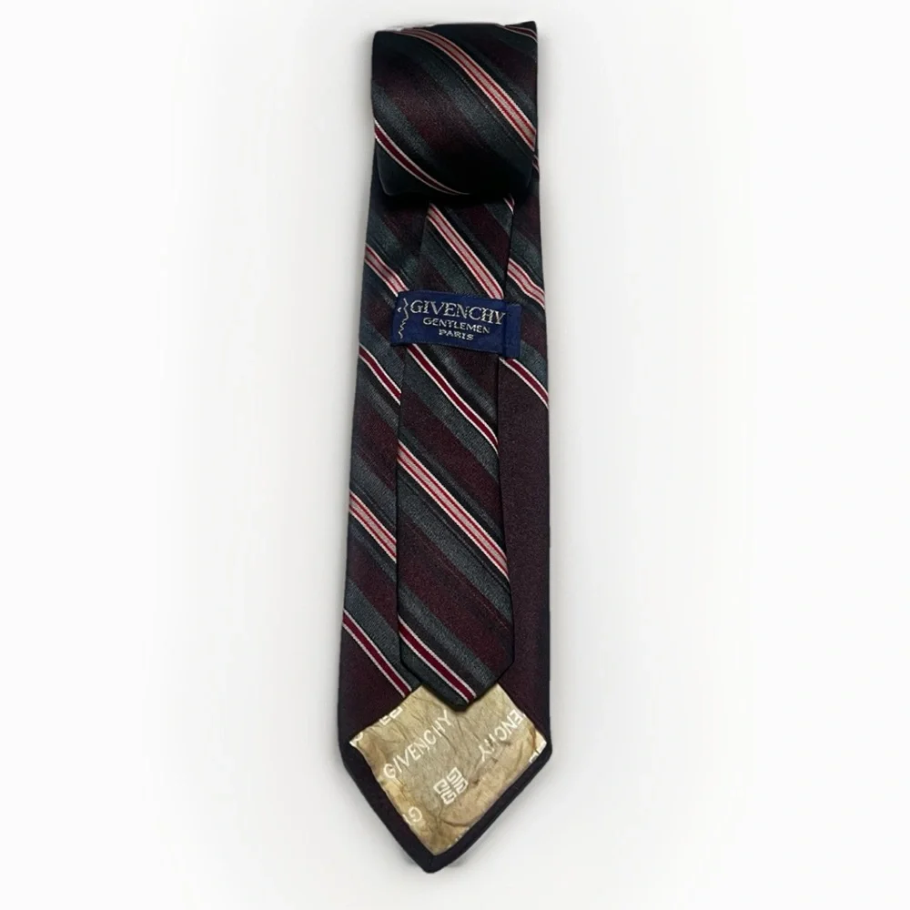 Givenchy Vintage Men’s Designer Tie Burgundy Gray‎ Striped Luxury Retro Necktie
